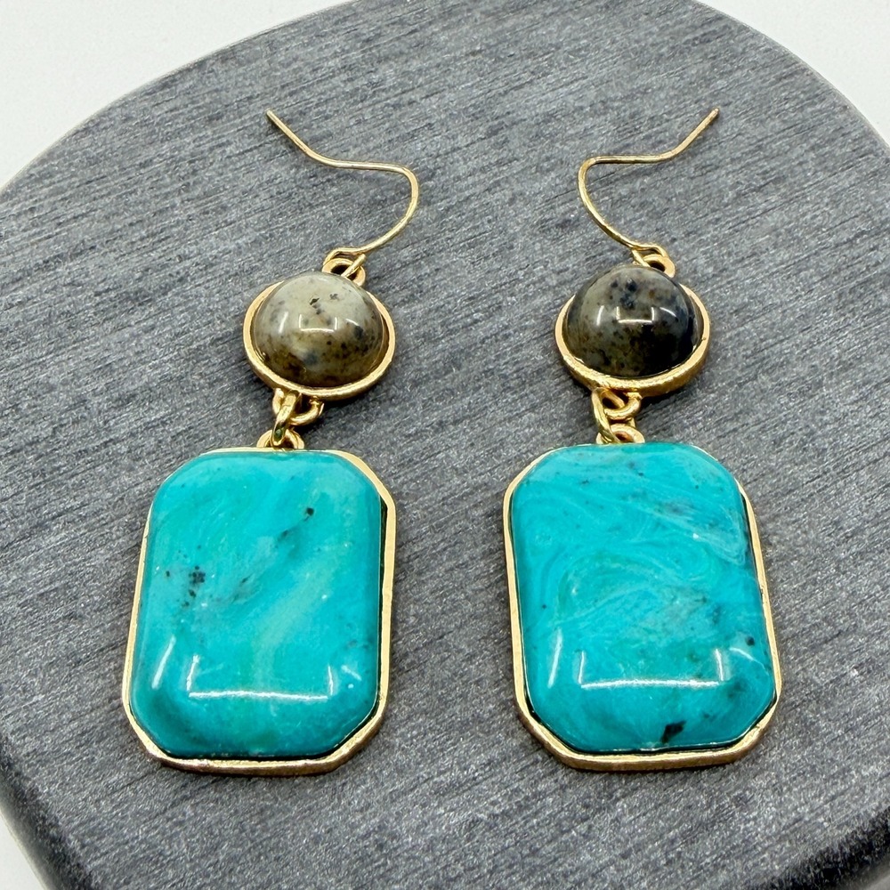 Statement Gold Tone Drop Earrings Rectangular Teal Resin Boho Festival Jewelry